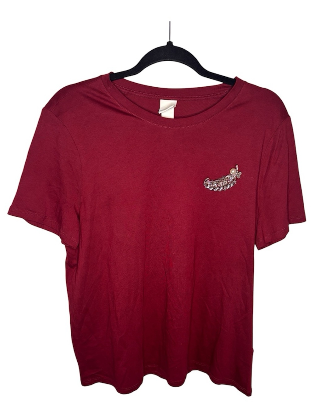 H&M Short Sleeve Tee in Wine Red with Jeweled Feather Accent